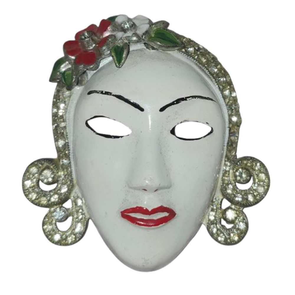 Rare 1940 Unsigned Coro Pot Metal Paste Enamel Lady Head Mask Fur Clip